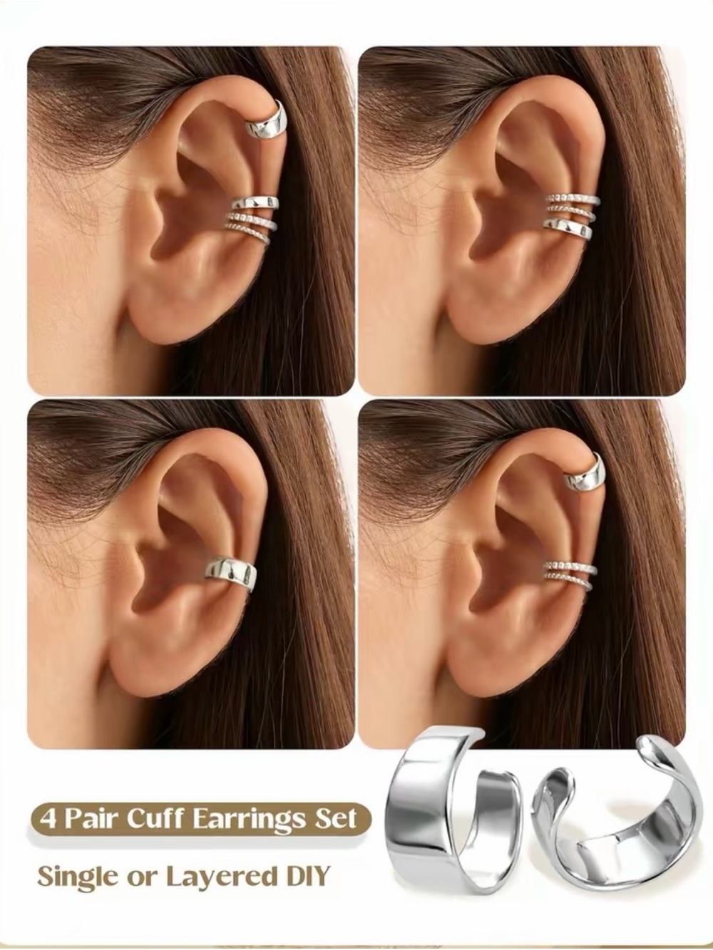 Silver 4-Pair Ear Cuff Set — Non-Pierced Women’s Jewelry